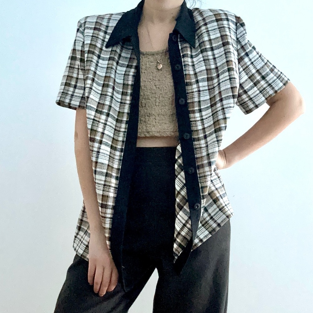 Lindor vintage short sleeves button down blouse plaid - 14
